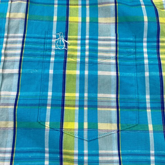 Penguin Shirt Men Large L Teal Yellow Blue Plaid Button Up Casual Polo Classic - Picture 2 of 10